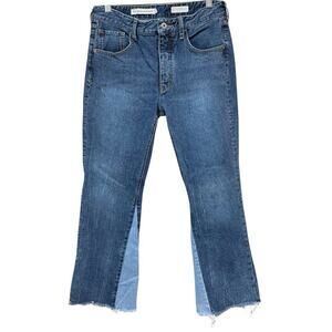 Pilcro Crop Flare Jeans Two Tone Blue Denim Raw Hem Button Fly Size 28